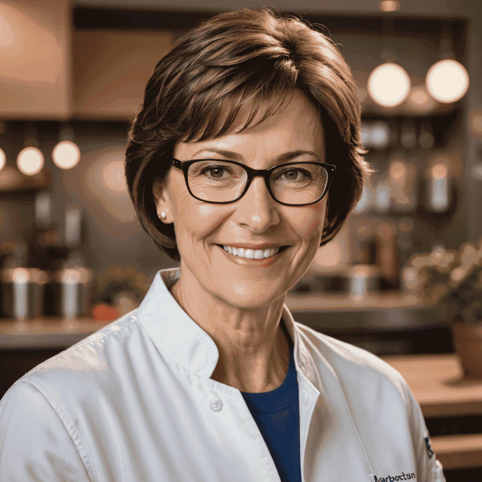 Portrait of Martha Johnson, a middle-aged woman with short brown hair and glasses, smiling warmly at the camera. She is wearing a professional chef's jacket.