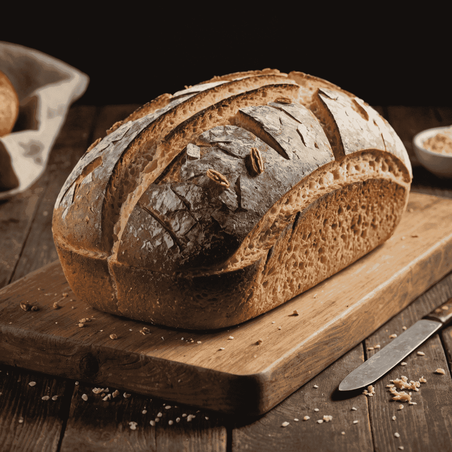 A freshly baked loaf of sourdough bread with a crispy crust and open crumb structure, sitting on a rustic wooden board