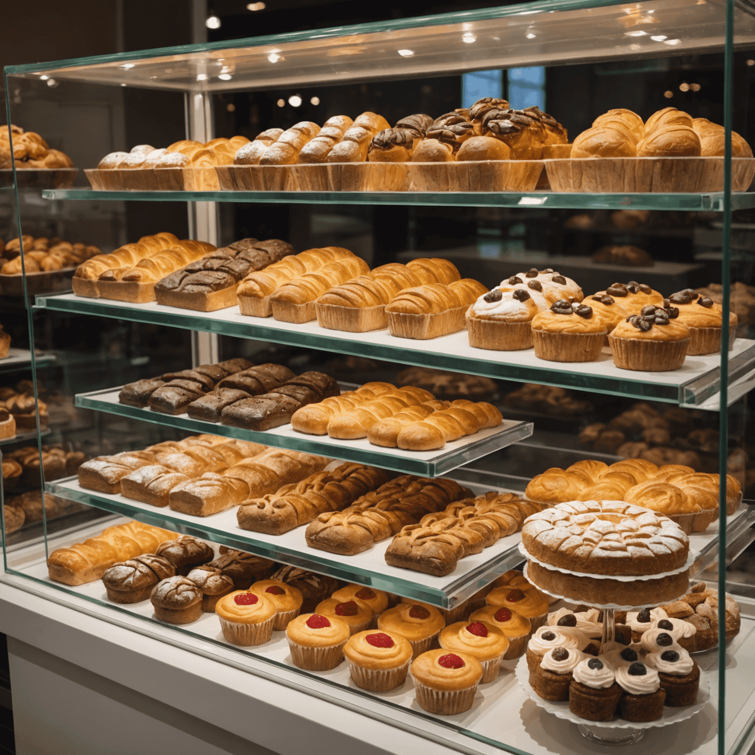 A display case in a gluten-free bakery showcasing various pastries and cakes, all clearly labeled as gluten-free