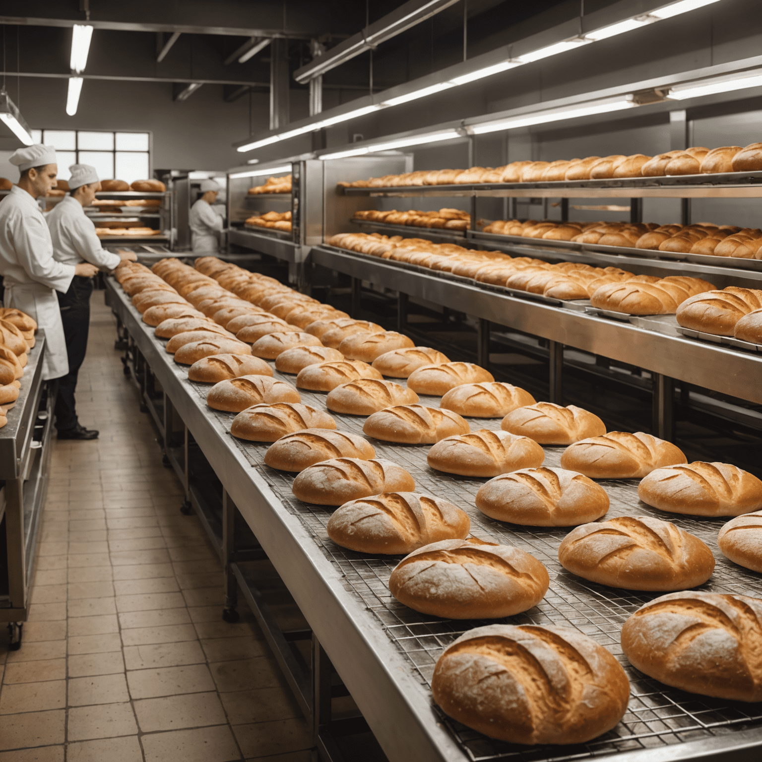 A split image showing an artisanal bakery with handcrafted breads on one side and a commercial bakery production line on the other