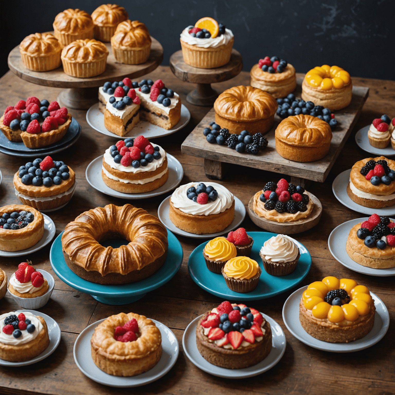 A display of freshly baked pastries and cakes made with local ingredients, showcasing vibrant colors and textures