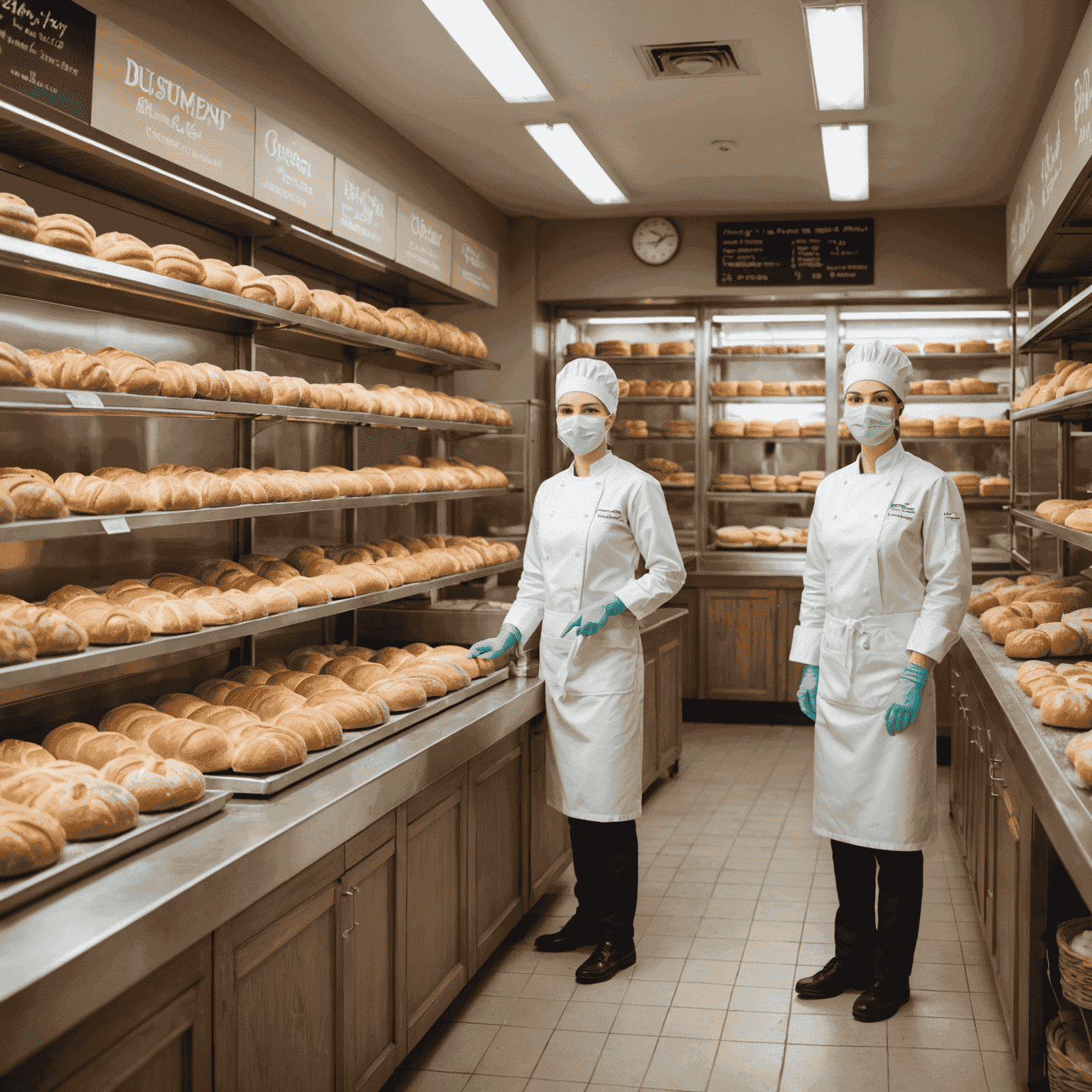 A clean, well-organized bakery interior with staff wearing proper hygiene gear