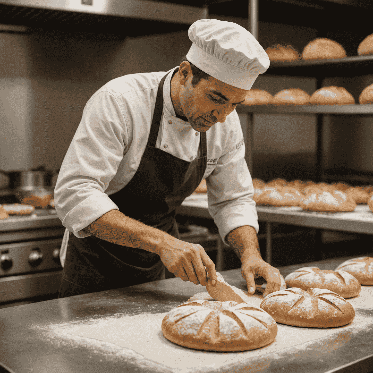 A baker scoring a round of sourdough dough before baking, showcasing the artisanal process in a professional bakery kitchen