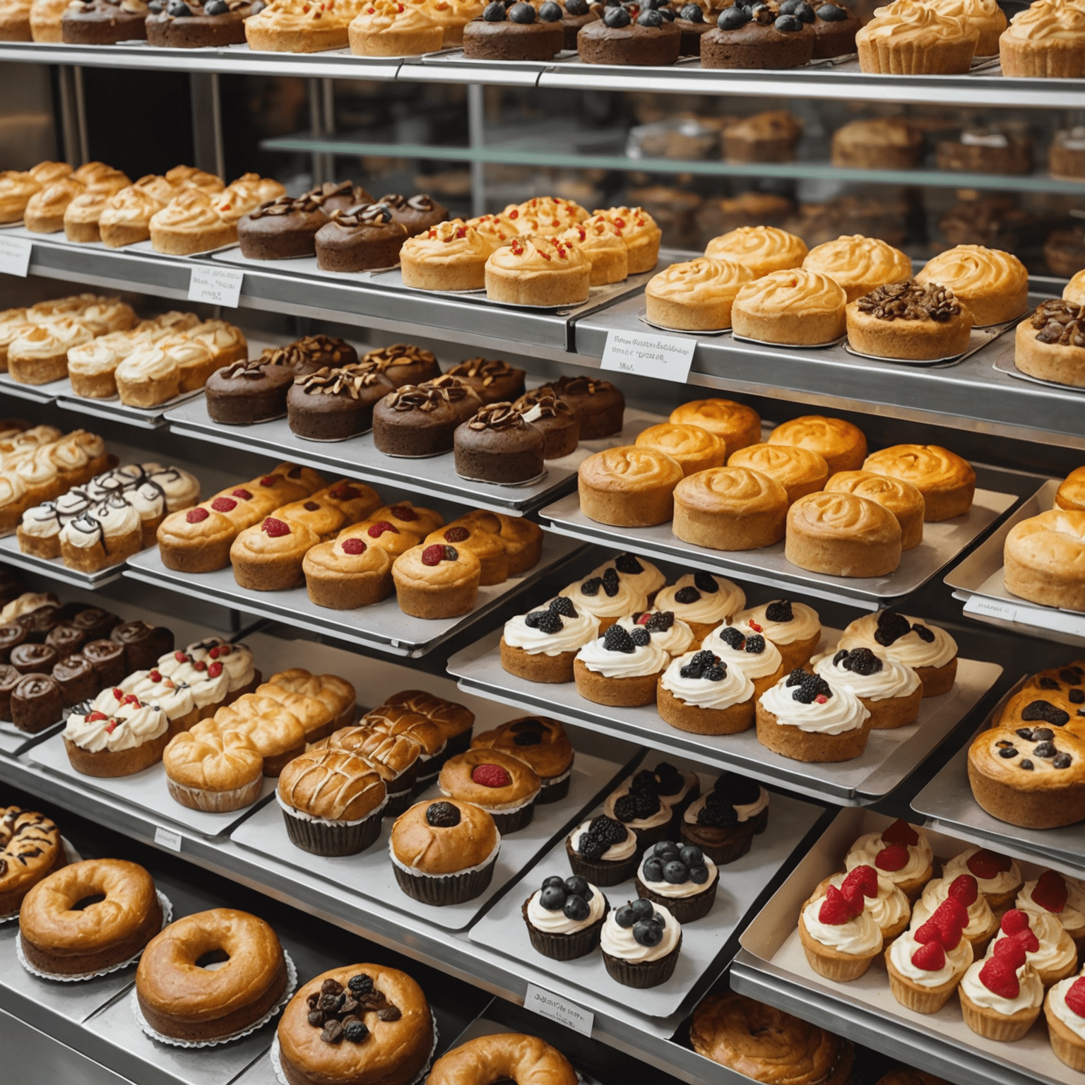 A variety of gluten-free cakes and pastries displayed on a bakery counter, showing the diverse range of options available