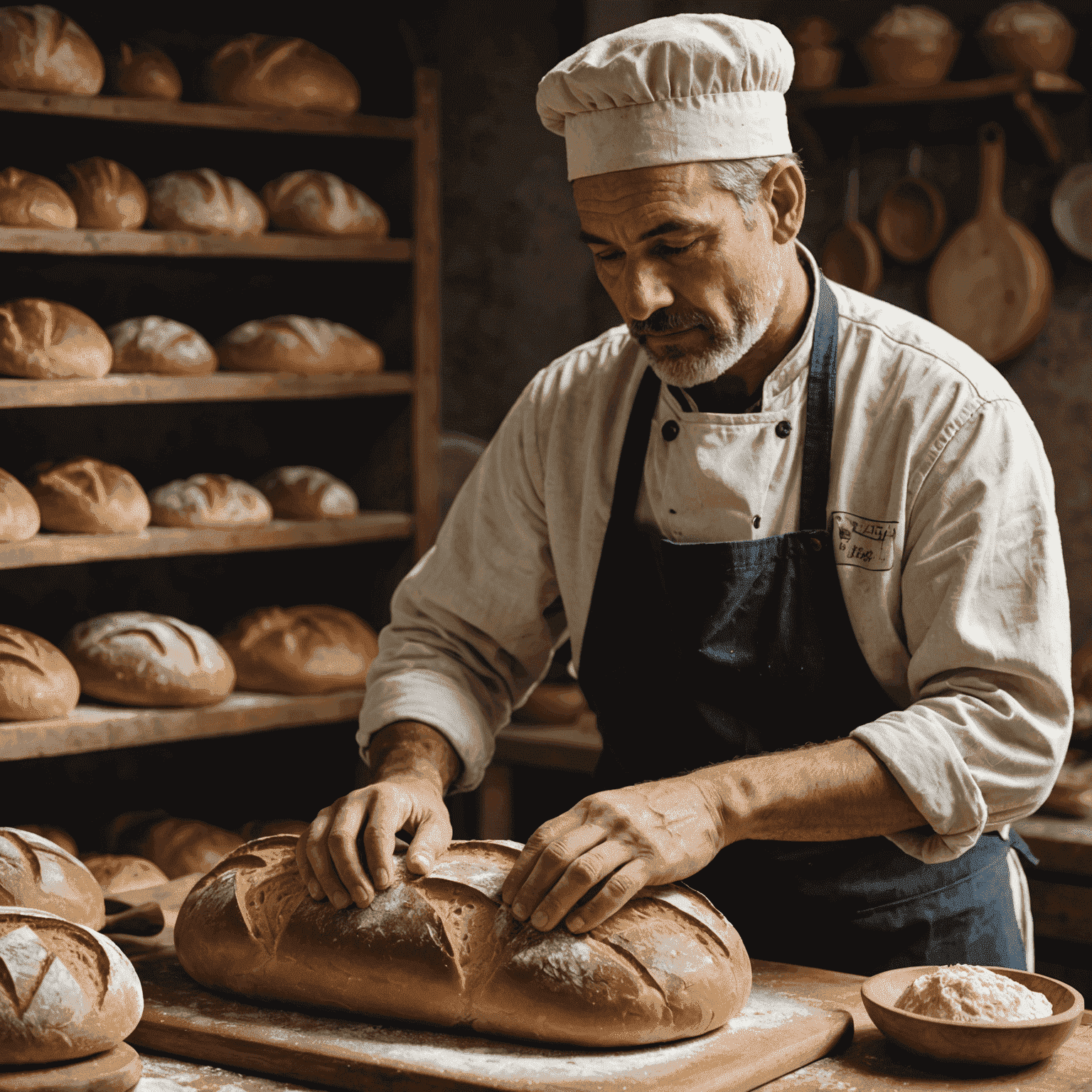 An artisan baker carefully shaping a loaf of bread by hand