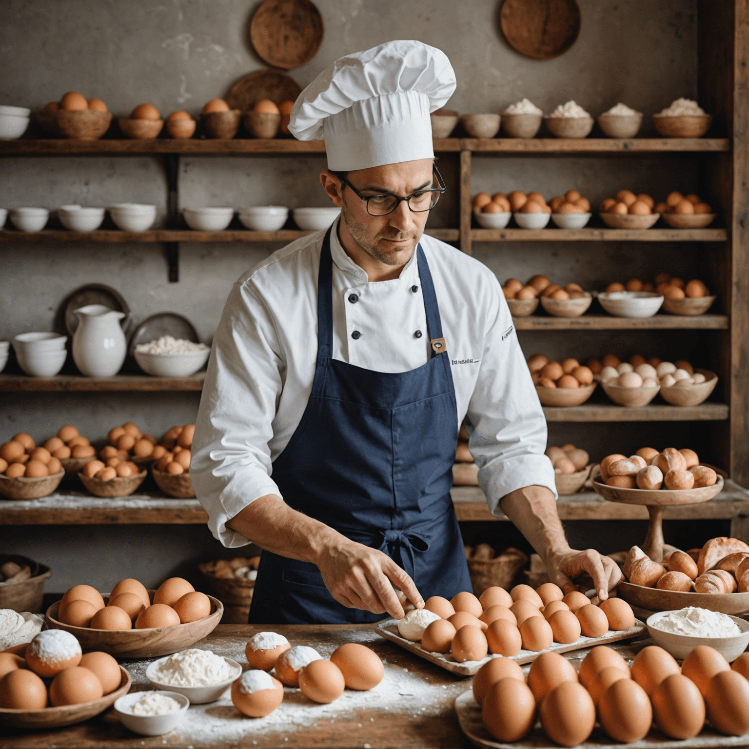 A baker carefully selecting fresh, local ingredients including eggs, fruits, and flour for baking cakes and pastries