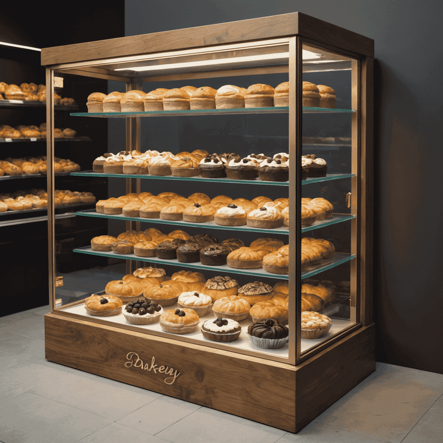 A pristine bakery display case showcasing various cakes and pastries, properly stored and labeled