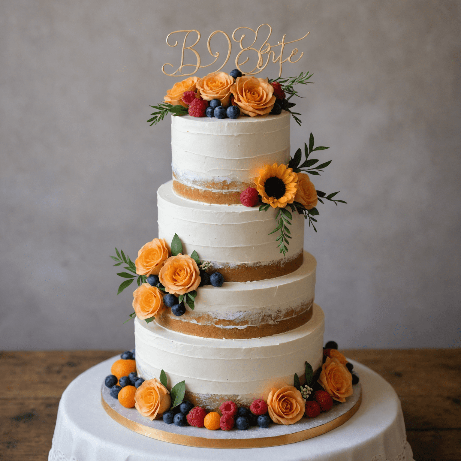 A beautifully decorated gluten-free wedding cake, demonstrating the bakery's ability to create custom orders