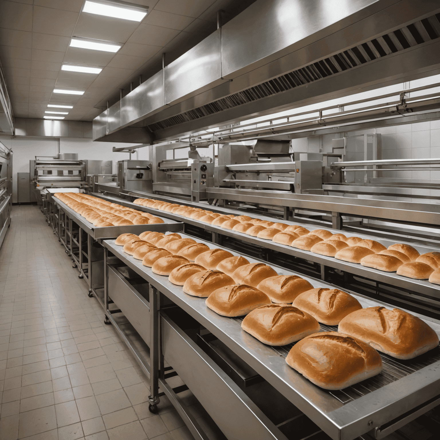 A commercial bakery production line with machines producing uniform loaves of bread