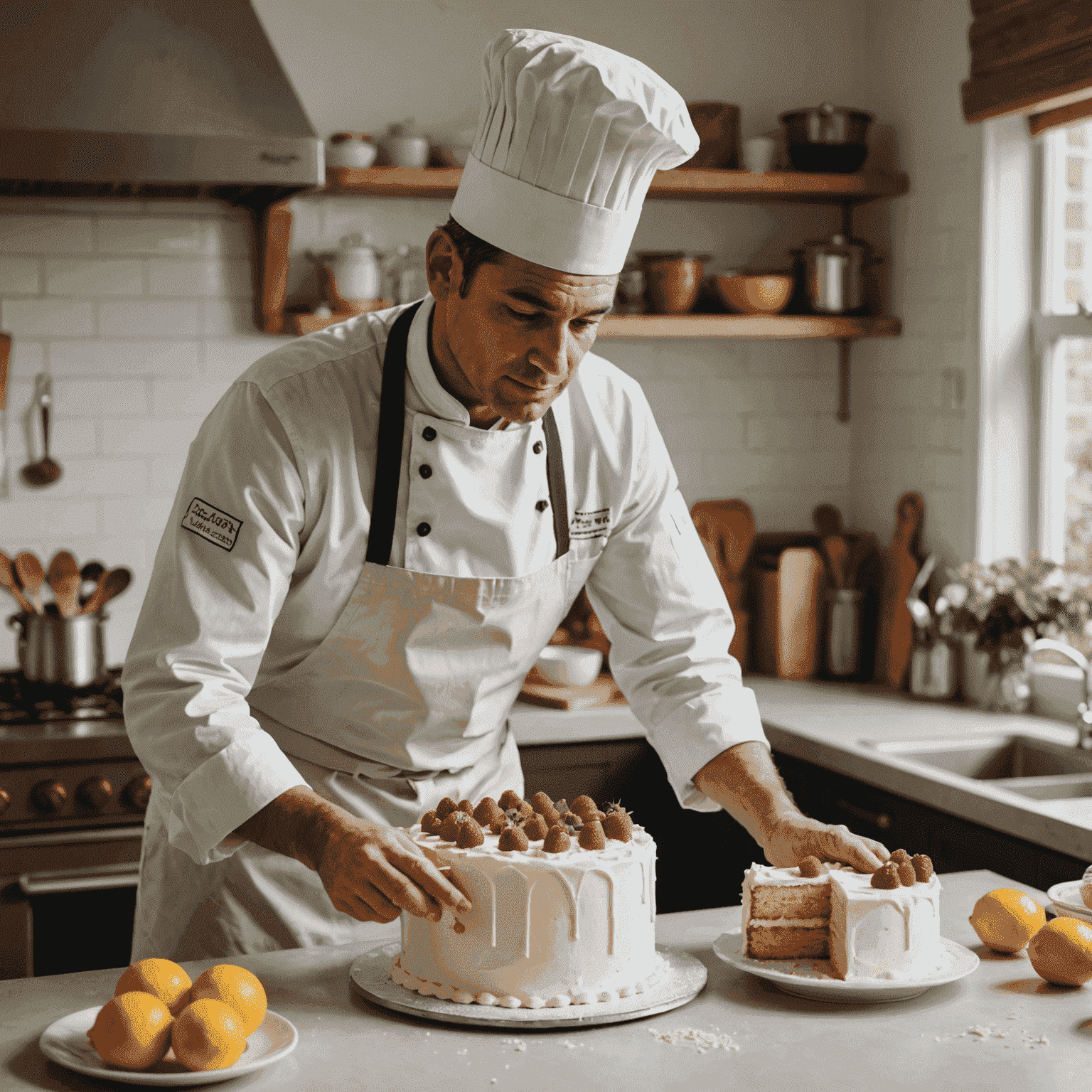 A baker in clean attire carefully decorating a cake in a spotless kitchen